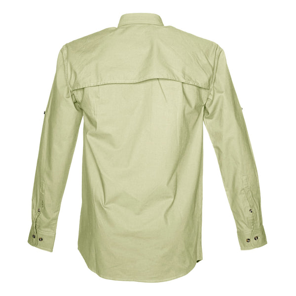Back view of a Men's Vent Back Adventure Shirt in Long Sleeves, color Stone. The shirt has a mesh-lined vented back, buttoned Swiss tabs on the sleeves, and long rounded tails for tucking into pants. 100% cotton.