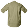 Back view of a Men's Shooter Shirt with Buffalo Logo in Short Sleeves, color Khaki. The shirt has functional cross-stitched shoulder straps, double stitching throughout, and long rounded tails for tucking into pants. 100% cotton.