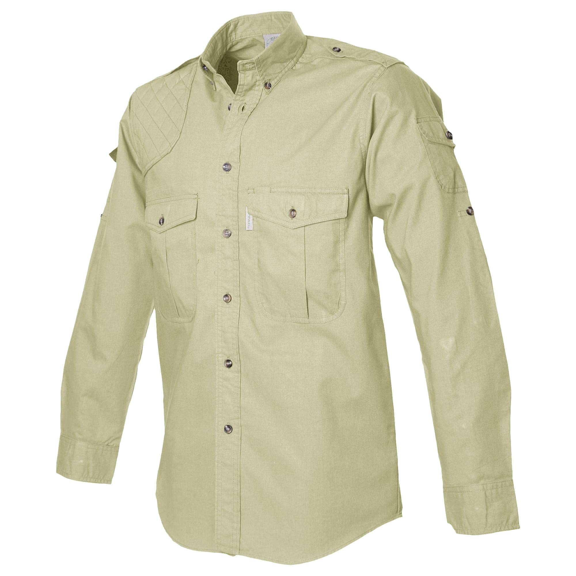 Side view of a Men's Shooter Shirt in Long Sleeves, color Stone. The shirt has a quilted shooting pad at the right shoulder, ammo pockets on the sleeves, two flap-covered chest pockets, button-down collars, functional cross-stitched shoulder straps, a button-front placket, double stitching throughout, and long rounded tails for tucking into pants. 100% cotton.--3