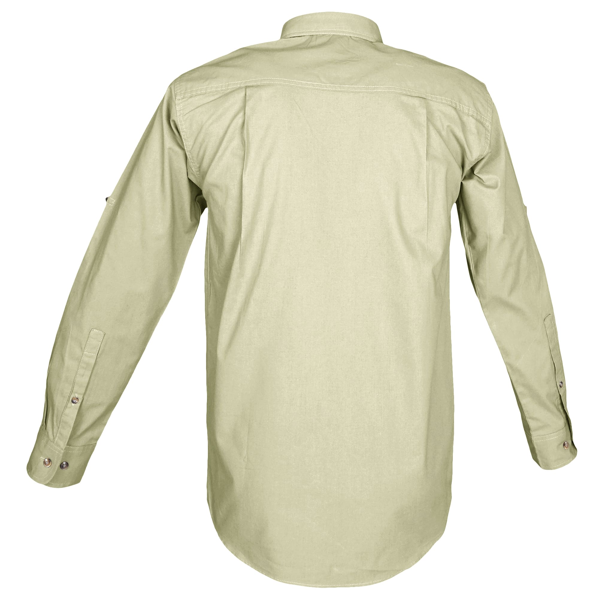 Back view of a Men's Trail Shirt in Long Sleeves, color Stone. The shirt has a dual layer yoke, functional cross-stitched shoulder straps, double stitching throughout, and long rounded tails for tucking into pants. 100% cotton.--8