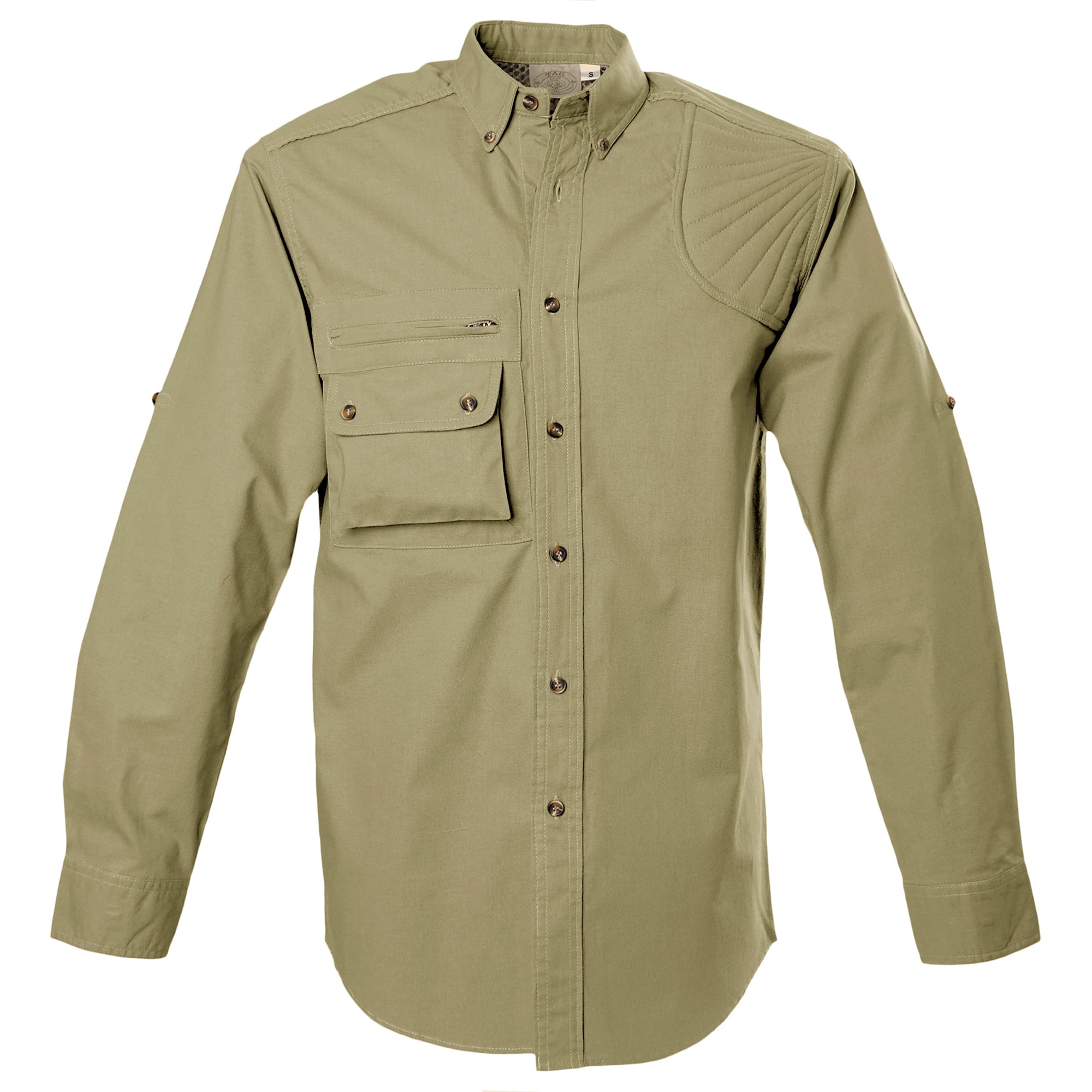 Front view of a Men's Left-Hand Shooter Shirt in Long Sleeves, color Khaki. The shirt has a sunray quilted shooter patch at the left shoulder, a mesh-lined vented back, a zippered chest pocket, a flap-covered chest pocket, button-down collars, buttoned Swiss tabs on the sleeves, a button-front placket, double stitching throughout, and long rounded tails for tucking into pants. 100% cotton.--1