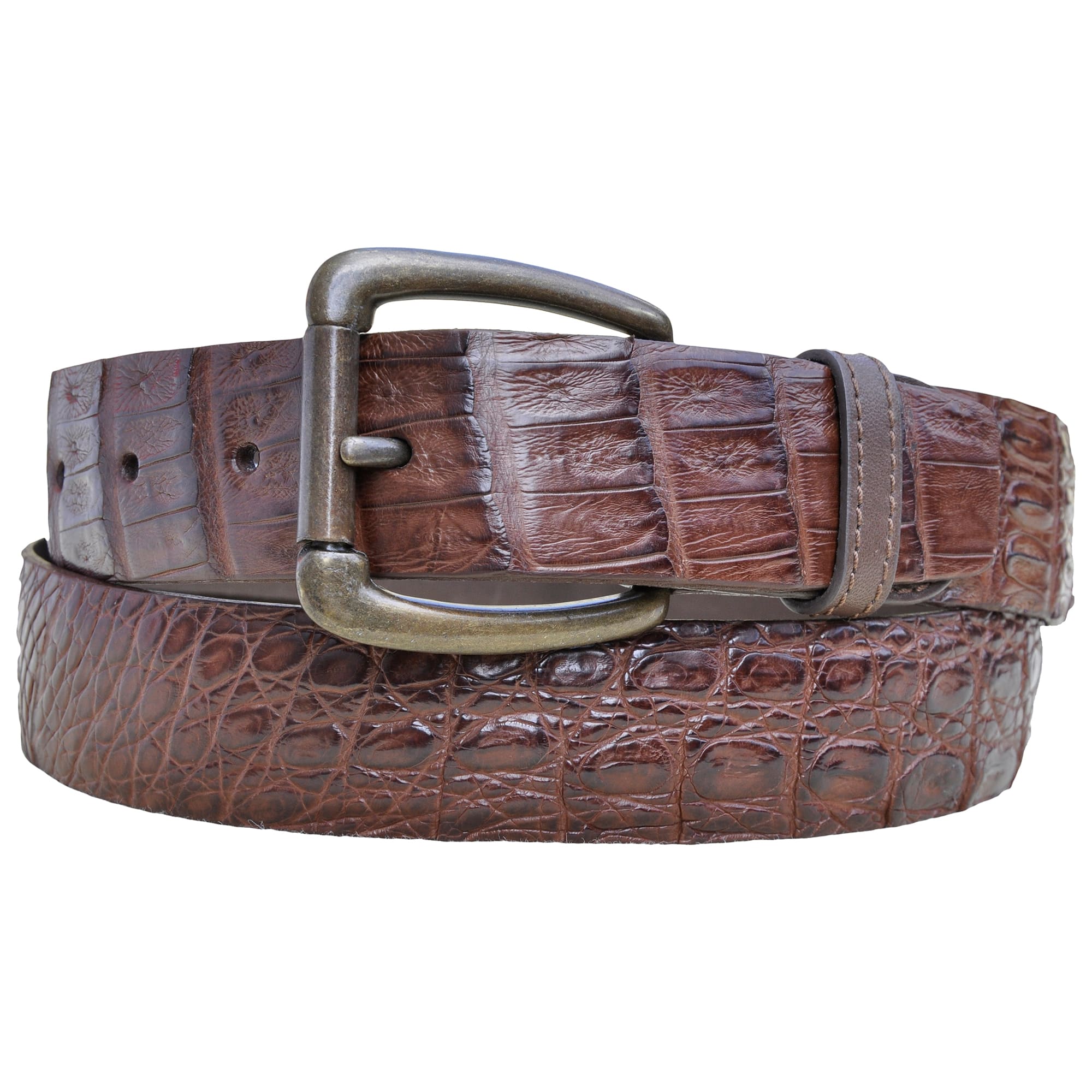 Front view of a Caiman Crocodile Game Skin Belt, color Brown. The belt has a solid brass buckle, five waist adjustment positioning holes, two Chicago-style belt length adjustment screws, a matching leather keeper loop, and a Tag Safari logo branded inside. Genuine game skin leather.--1