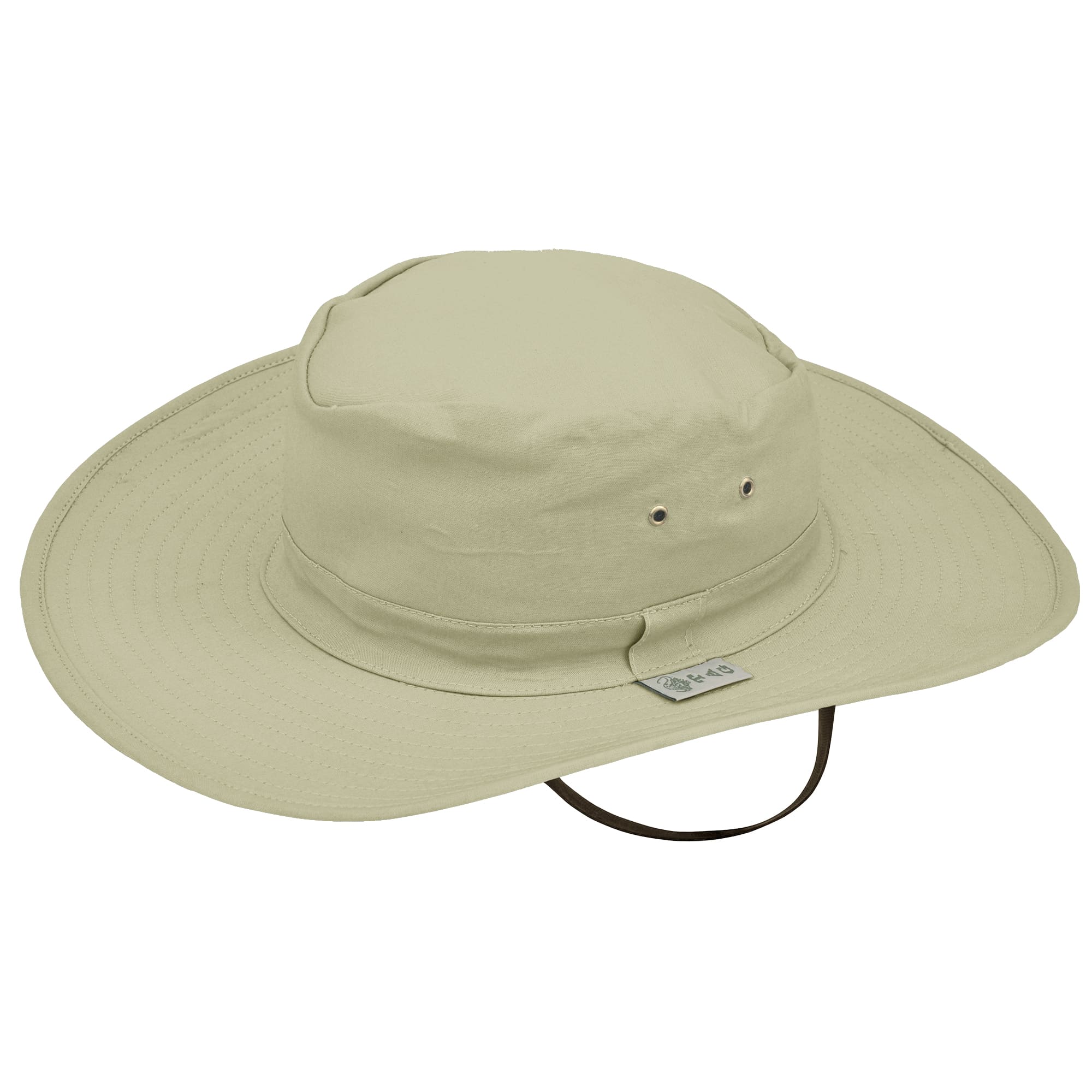 Side view of a Safari Adventure Hat, color Stone. The hat has a tall crown with two metallic ventilation eyelets inset on each side, a matching fabric outer band with a Tag Buffalo label, a wide multi-stitched brim, a fabric sweatband, and an adjustable leather chinstrap. 100% cotton.--2