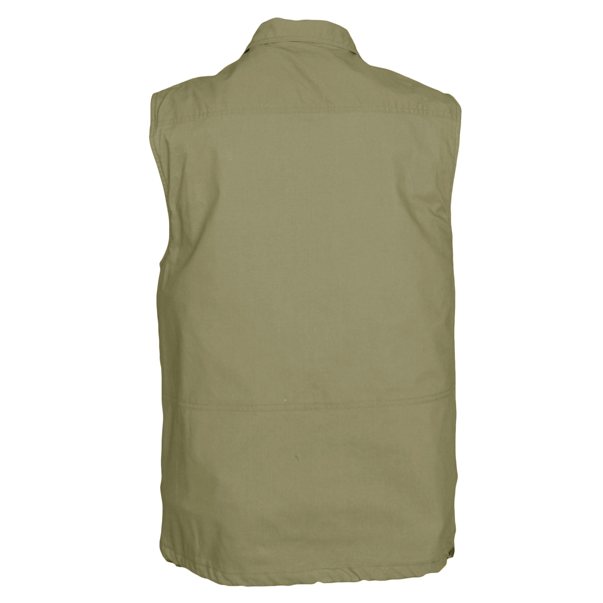 Back of a Men's Travel Vest, color Khaki. The vest has a roll-up protective collar, a double yolk, an elastic drawstring waist cinch, and double stitching throughout. 100% cotton.--2