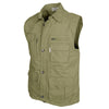 Side of a Men's Travel Vest, color Khaki. The vest has a roll-up protective collar, two flap-covered chest pockets, two zippered chest pockets, two flap-covered expandable pockets at the waist, two slip-in hand warmers, an outer accessory loop, a full zippered front with a buttoned placket over the top, a printed cotton inside liner, an elastic drawstring waist cinch, and double stitching throughout. 100% cotton.