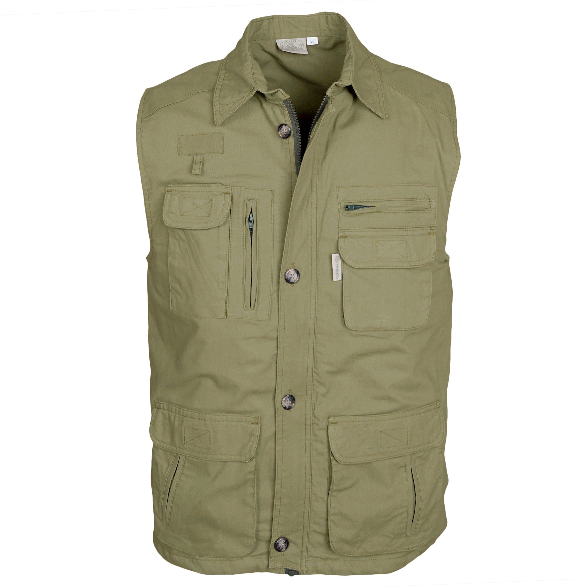 Front of a Men's Travel Vest, color Khaki. The vest has a roll-up protective collar, two flap-covered chest pockets, two zippered chest pockets, two flap-covered expandable pockets at the waist, two slip-in hand warmers, an outer accessory loop, a full zippered front with a buttoned placket over the top, a printed cotton inside liner, an elastic drawstring waist cinch, and double stitching throughout. 100% cotton.--1