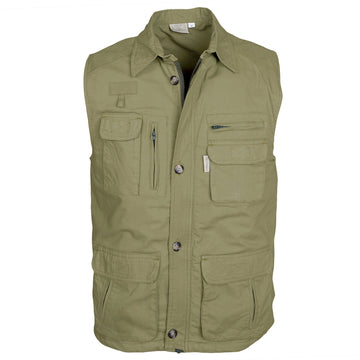 Front of a Men's Travel Vest, color Khaki. The vest has a roll-up protective collar, two flap-covered chest pockets, two zippered chest pockets, two flap-covered expandable pockets at the waist, two slip-in hand warmers, an outer accessory loop, a full zippered front with a buttoned placket over the top, a printed cotton inside liner, an elastic drawstring waist cinch, and double stitching throughout. 100% cotton.