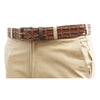Front view of a Nile Crocodile Game Skin Belt, color Brown. The belt has a solid brass buckle, five waist adjustment positioning holes, two Chicago-style belt length adjustment screws, a matching leather keeper loop, and a Tag Safari logo branded inside. Genuine game skin leather.