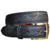 Front view of an Elephant Game Skin Belt, color Black. The belt has a stainless steel buckle, five waist adjustment positioning holes, two Chicago-style belt length adjustment screws, a matching leather keeper loop, and a Tag Safari logo branded inside. Genuine game skin leather.