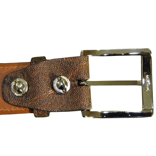 Closeup of an Elephant Game Skin Belt, color Brown. The belt has a stainless steel buckle, two Chicago-style belt length adjustment screws, and a matching leather keeper loop. Genuine game skin leather.