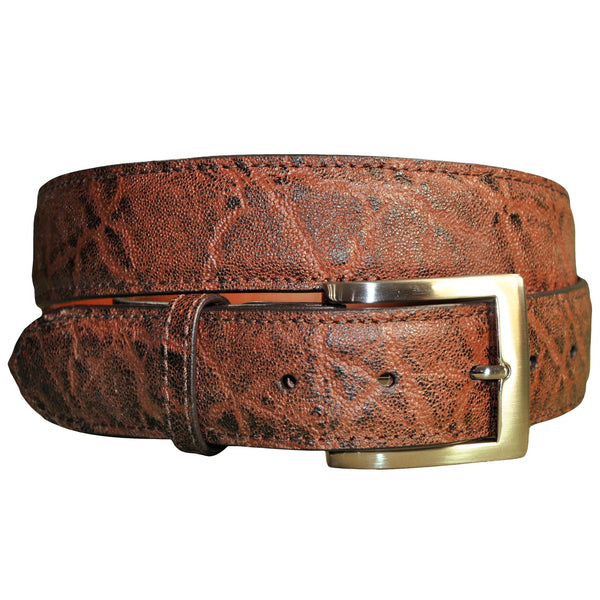 Front view of an Elephant Game Skin Belt, color Brown. The belt has a stainless steel buckle, five waist adjustment positioning holes, two Chicago-style belt length adjustment screws, a matching leather keeper loop, and a Tag Safari logo branded inside. Genuine game skin leather.