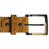 Closeup of an Elephant Game Skin Belt, color Chestnut. The belt has a stainless steel buckle, two Chicago-style belt length adjustment screws, and a matching leather keeper loop. Genuine game skin leather.