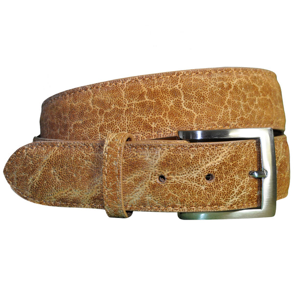 Front view of an Elephant Game Skin Belt, color Chestnut. The belt has a stainless steel buckle, five waist adjustment positioning holes, two Chicago-style belt length adjustment screws, a matching leather keeper loop, and a Tag Safari logo branded inside. Genuine game skin leather.