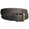 Front view of an Elephant Game Skin Belt, color Grey. The belt has a stainless steel buckle, five waist adjustment positioning holes, two Chicago-style belt length adjustment screws, a matching leather keeper loop, and a Tag Safari logo branded inside. Genuine game skin leather.