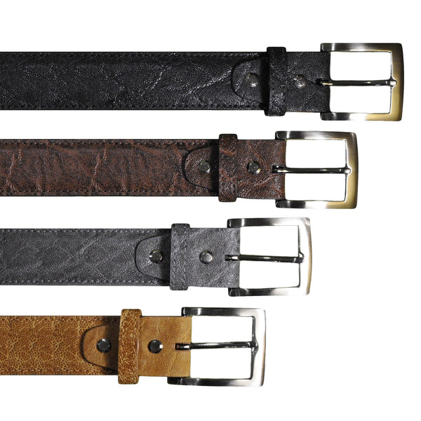 Front view of four Elephant Game Skin Belts, colors Black at the top, Brown second from the top, Grey second from the bottom, and Chestnut at the bottom. Each has a stainless steel buckle, five waist adjustment positioning holes, two Chicago-style belt length adjustment screws, a matching leather keeper loop, and a Tag Safari logo branded inside. Genuine game skin leather.
