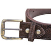 Closeup of a Hippo Game Skin Belt, color Brown. The belt has a solid brass buckle, two Chicago-style belt length adjustment screws, and a matching leather keeper loop. Genuine game skin leather.