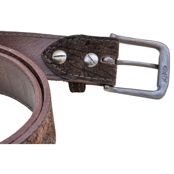 Closeup of a Hippo Game Skin Belt, color Brown. The belt has a solid brass buckle, two Chicago-style belt length adjustment screws, and a matching leather keeper loop. Genuine game skin leather.