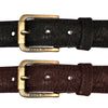 Closeup of two Hippo Game Skin Belts, colors Black at the top, and Brown at the bottom. Each has a solid brass buckle, five waist adjustment positioning holes, two Chicago-style belt length adjustment screws, a matching leather keeper loop, and a Tag Safari logo branded inside. Genuine game skin leather.