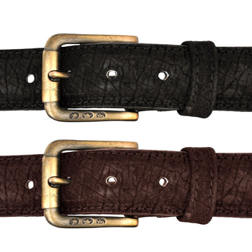 Closeup of two Hippo Game Skin Belts, colors Black at the top, and Brown at the bottom. Each has a solid brass buckle, five waist adjustment positioning holes, two Chicago-style belt length adjustment screws, a matching leather keeper loop, and a Tag Safari logo branded inside. Genuine game skin leather.