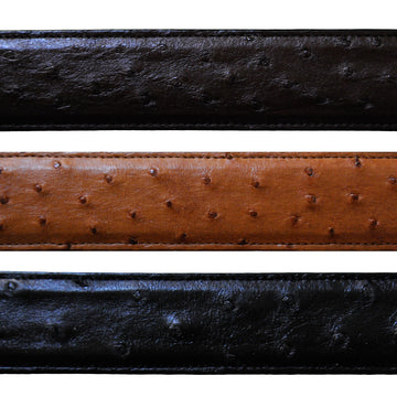 Ostrich Leather Belts from Tag Safari in Black, Brown and Cognac feature a removable brass buckle, matching fixed belt keeper, waist adjustment holes, belt length adjustment screws, and an inside Tag branded logo.