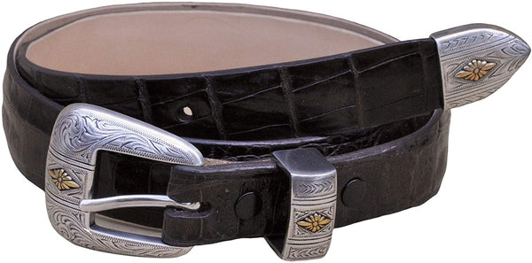 Front view of a Caiman Crocodile Game Skin Ranger Belt, color Black. The belt has a two-tone engraved  brass buckle, keeper loop, and end tip, five waist adjustment positioning holes, two Chicago-style belt length adjustment screws, and a Tag Safari logo branded inside. Genuine game skin leather.