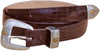 Front view of a Caiman Crocodile Game Skin Ranger Belt, color Brown. The belt has a two-tone engraved  brass buckle, keeper loop, and end tip, five waist adjustment positioning holes, two Chicago-style belt length adjustment screws, and a Tag Safari logo branded inside. Genuine game skin leather.