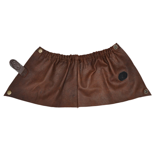 Open view of a Buffalo Game Skin Gaiter, color Brown. The gaiter has an elastic band and brass snap at the top, a Velcro secured leather tab strap with a Tag Safari logo in the middle, a brass snap at the bottom, and a reinforced stitched seam that runs vertically from top to bottom. Genuine game skin leather.