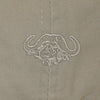 Closeup of a Buffalo Embroidered Cap, color Khaki. The cap has an embroidered Tag Safari buffalo in front. 100% cotton twill.