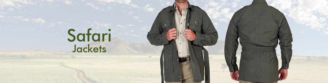 Man Wearing a Classic Belted Safari Jacket in Olive green against an African Savanna Landscape 