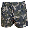 Front view of a pair of Go Wild Boxers, color Olive Drab Jungle Camouflage. The boxers have an elastic waistband, a buttoned front fly, and a Tag Buffalo label on the bottom front of the left leg. 100% cotton.