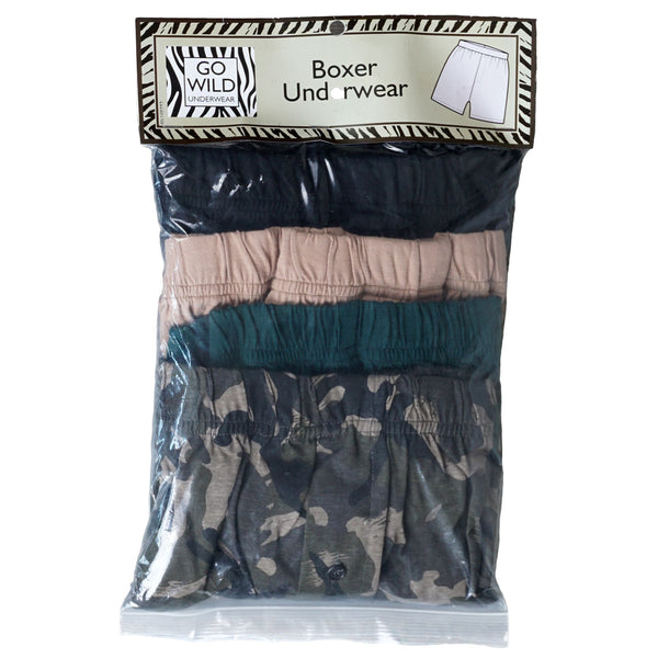 Front view of four pairs of Go Wild Boxers, one Black, one Tan, one Green, and one Olive Drab Jungle Camouflage. Each have an elastic waistband, a buttoned front fly, and a Tag Buffalo label on the bottom front of the left leg. 100% cotton.