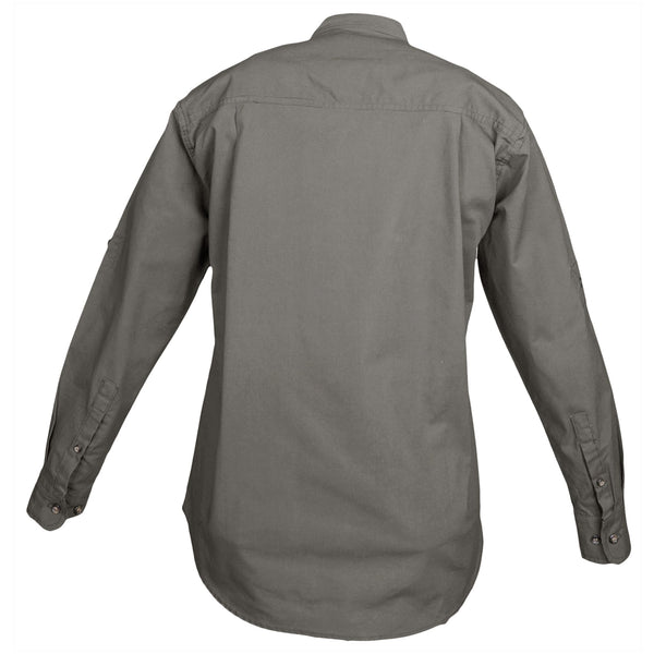 Back view of a Woman's Trail Shirt in Long Sleeves, color Olive. The shirt has a dual layer yoke, functional cross-stitched shoulder straps, double stitching throughout, and long rounded tails for tucking into pants. 100% cotton.