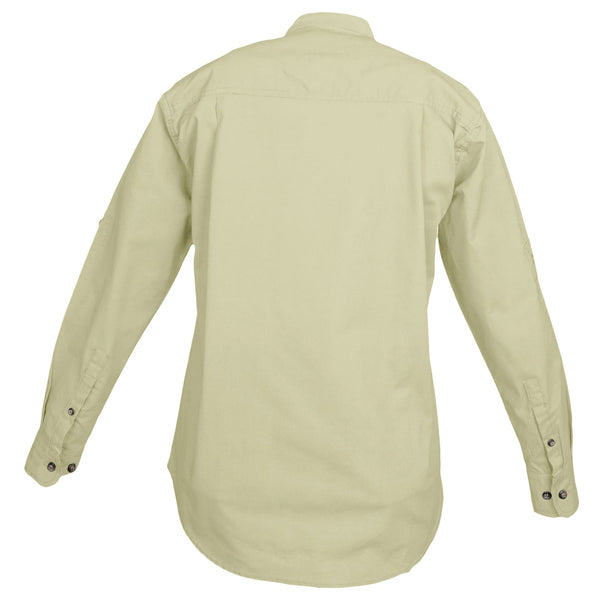 Back view of a Woman's Trail Shirt in Long Sleeves, color Stone. The shirt has a dual layer yoke, functional cross-stitched shoulder straps, double stitching throughout, and long rounded tails for tucking into pants. 100% cotton.