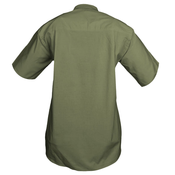 Back view of a Woman's Trail Shirt in Short Sleeves, color Moss. The shirt has a dual layer yoke, functional cross-stitched shoulder straps, double stitching throughout, and long rounded tails for tucking into pants. 100% cotton.