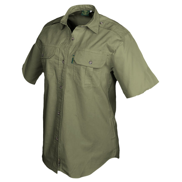 Side view of a Woman's Trail Shirt in Short Sleeves, color Moss. The shirt has two flap-covered chest pockets, functional cross-stitched shoulder straps, a button-front placket, double stitching throughout, and long rounded tails for tucking into pants. 100% cotton.
