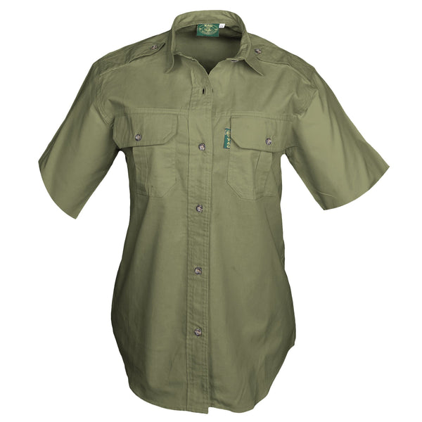 Front view of a Woman's Trail Shirt in Short Sleeves, color Moss. The shirt has two flap-covered chest pockets, functional cross-stitched shoulder straps, a button-front placket, double stitching throughout, and long rounded tails for tucking into pants. 100% cotton.