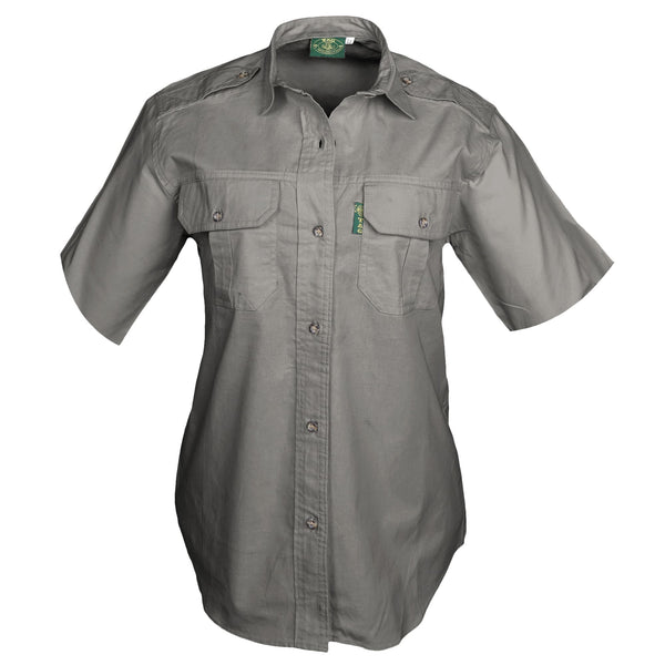 Front view of a Woman's Trail Shirt in Short Sleeves, color Olive. The shirt has two flap-covered chest pockets, functional cross-stitched shoulder straps, a button-front placket, double stitching throughout, and long rounded tails for tucking into pants. 100% cotton.