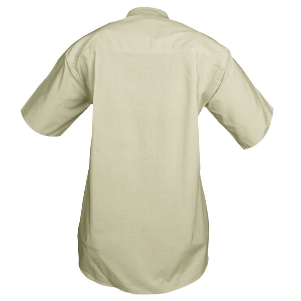 Back view of a Woman's Trail Shirt in Short Sleeves, color Stone. The shirt has a dual layer yoke, functional cross-stitched shoulder straps, double stitching throughout, and long rounded tails for tucking into pants. 100% cotton.