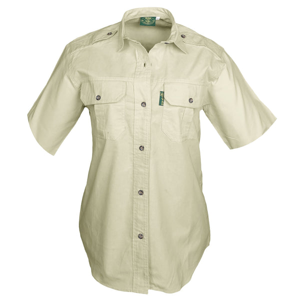 Front view of a Woman's Trail Shirt in Short Sleeves, color Stone. The shirt has two flap-covered chest pockets, functional cross-stitched shoulder straps, a button-front placket, double stitching throughout, and long rounded tails for tucking into pants. 100% cotton.