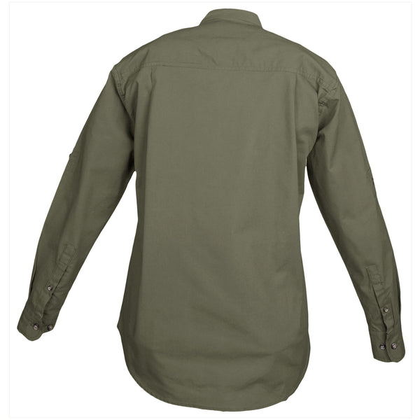 Back view of a Woman's Trail Shirt in Long Sleeves, color Moss. The shirt has a dual layer yoke, functional cross-stitched shoulder straps, double stitching throughout, and long rounded tails for tucking into pants. 100% cotton.