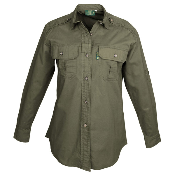 Front view of a Woman's Trail Shirt in Long Sleeves, color Moss. The shirt has two flap-covered chest pockets, functional cross-stitched shoulder straps, a button-front placket, double stitching throughout, and long rounded tails for tucking into pants. 100% cotton.