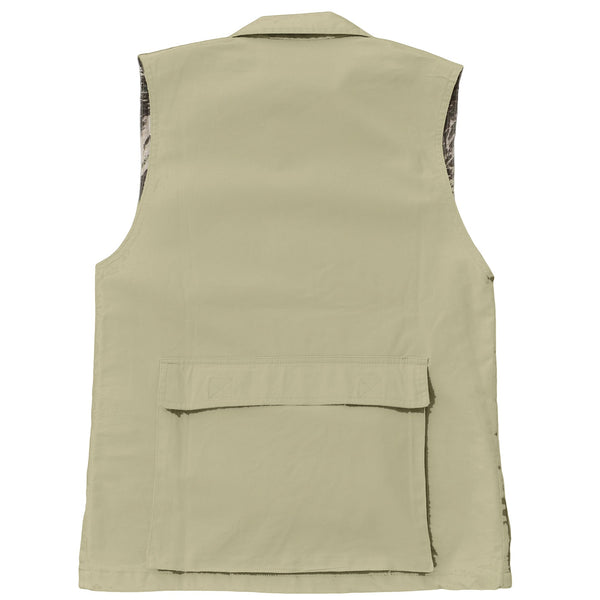 Back of a Women's Safari Vest, color Stone. The vest has a protective fold-up collar, an oversized flap covered back pocket, and double stitching throughout. 100% cotton.