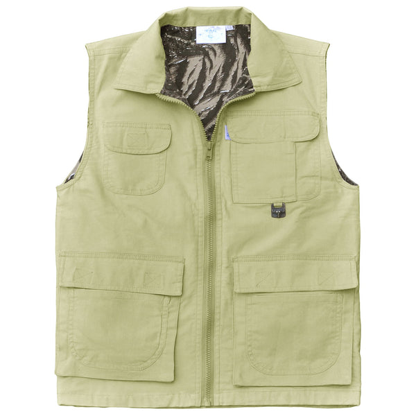 Front of a Women's Safari Vest, color Stone. The vest has a protective fold-up collar, two flap-covered chest pockets, two large flap-covered pockets at the waist, a zippered security pocket inside, a full zippered front, a printed cotton inside liner, and double stitching throughout. 100% cotton.
