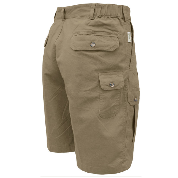 Mens Adventure Shorts in Cotton Khaki with Large Cargo Pockets fron back and a knife pocket. All the pockets have button down flaps and the shorts has a front zipper, belt looks and elastic side detail. The shorts has Pleats on the front, and slanted side pockets. These shorts are 9 inches in length, sitting just above the knee