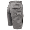 Back view of the Mens Adventure Shorts in Cotton Olive with Large Cargo Pockets fron back and a knife pocket. All the pockets have button down flaps and the shorts has a front zipper, belt looks and elastic side detail. The shorts has Pleats on the front, and slanted side pockets. These shorts are 9 inches in length, sitting just above the knee