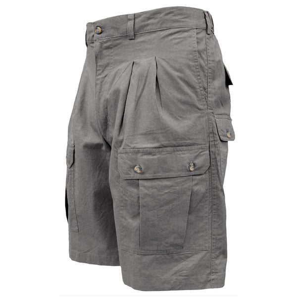 Mens Adventure Shorts in Cotton Olive with Large Cargo Pockets fron back and a knife pocket. All the pockets have button down flaps and the shorts has a front zipper, belt looks and elastic side detail. The shorts has Pleats on the front, and slanted side pockets. These shorts are 9 inches in length, sitting just above the knee