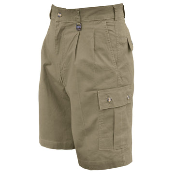 Front of Men's Cargo Shorts, color Khaki. The shorts have a 9 1/2" inseam, two slash pockets at the hip, two flap-covered pockets on the side, expandable waist panels, oversized belt loops, and double stitching throughout. 100% cotton.