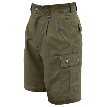 Front of Men's Cargo Shorts, color Moss. The shorts have a 9 1/2" inseam, two slash pockets at the hip, two flap-covered pockets on the side, expandable waist panels, oversized belt loops, and double stitching throughout. 100% cotton.