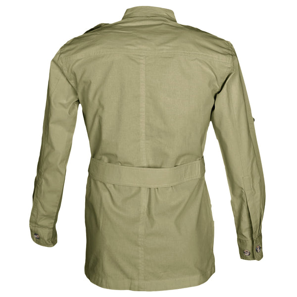 Back view of a Men's Safari Jacket, color Khaki. The jacket has a double yolk, functional cross-stitched shoulder straps, Swiss roll-up tabs on the sleeves, a buckled waist belt, and double stitching throughout. 100% cotton.