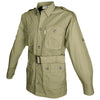 Side view of a Men's Safari Jacket, color Khaki. The jacket has two large flap-covered cargo-style chest pockets, two large flap-covered cargo-style waist pockets, functional cross-stitched shoulder straps, Swiss roll-up tabs on the sleeves, a button-front placket, a buckled waist belt, and double stitching throughout. 100% cotton.